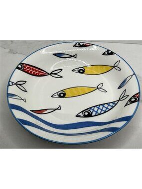 2 Signature Housewares Cat Bowl Fish School 6” Stoneware Blue Yellow Red New
